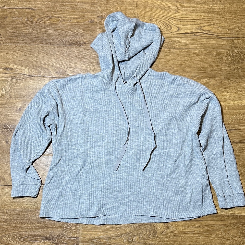 Eileen Fisher Light Gray Waffle Knit Boxy Hoodie Large
